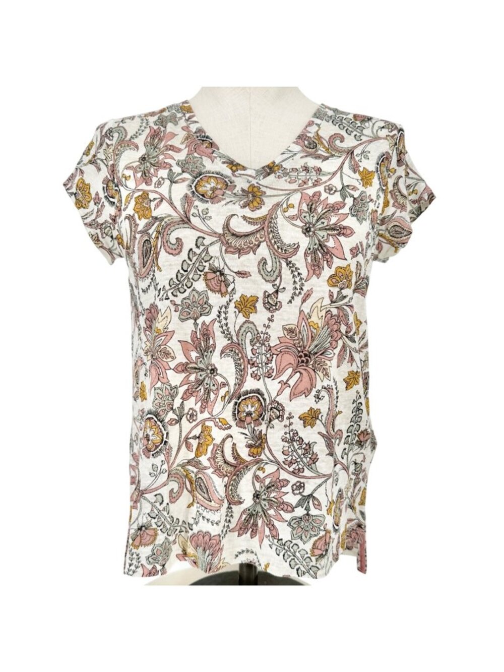 Rachel Zoe Top Womens Small Tan Mauve Floral Linen VNeck Short Sleeve Hi Low Hem